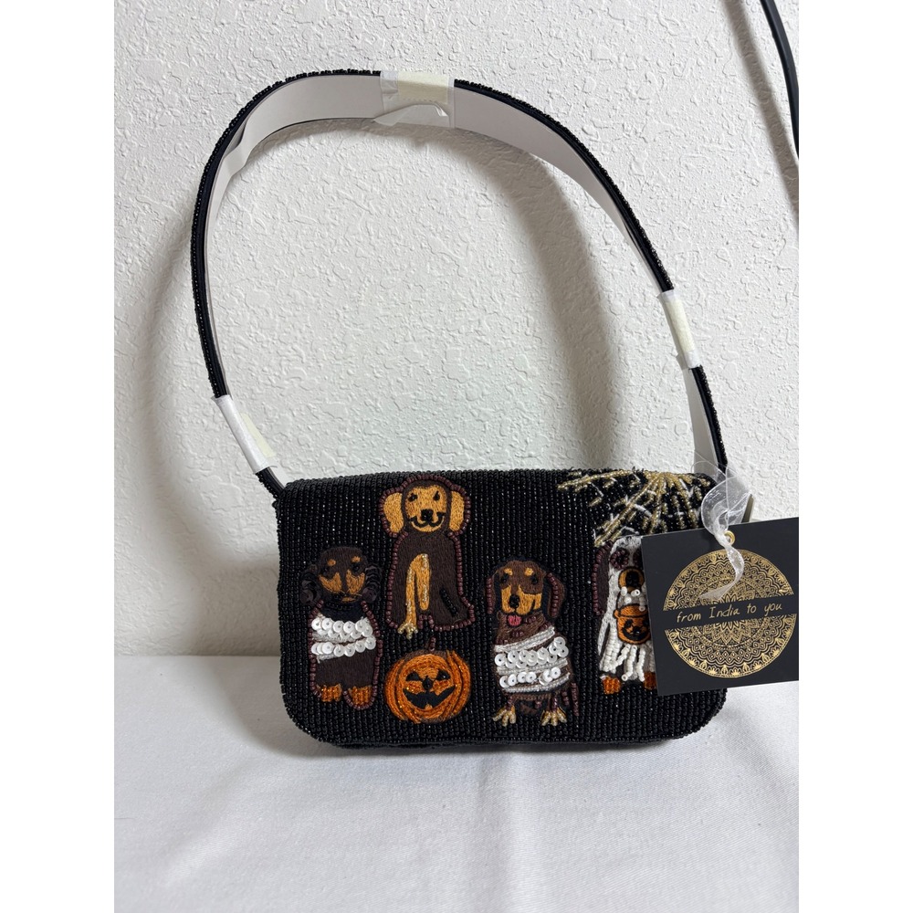 From India to You Halloween Dog Beaded Bag Small Black NEW Mummy Ghost Pumpkin
